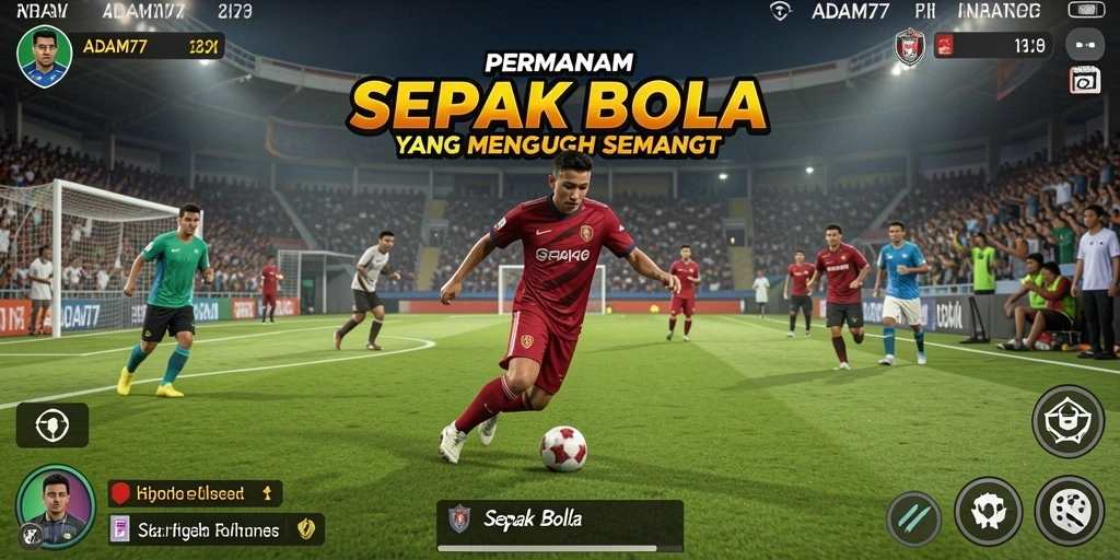 Tampilan gameplay ADAM77 dengan karakter dan stadion sepak bola.